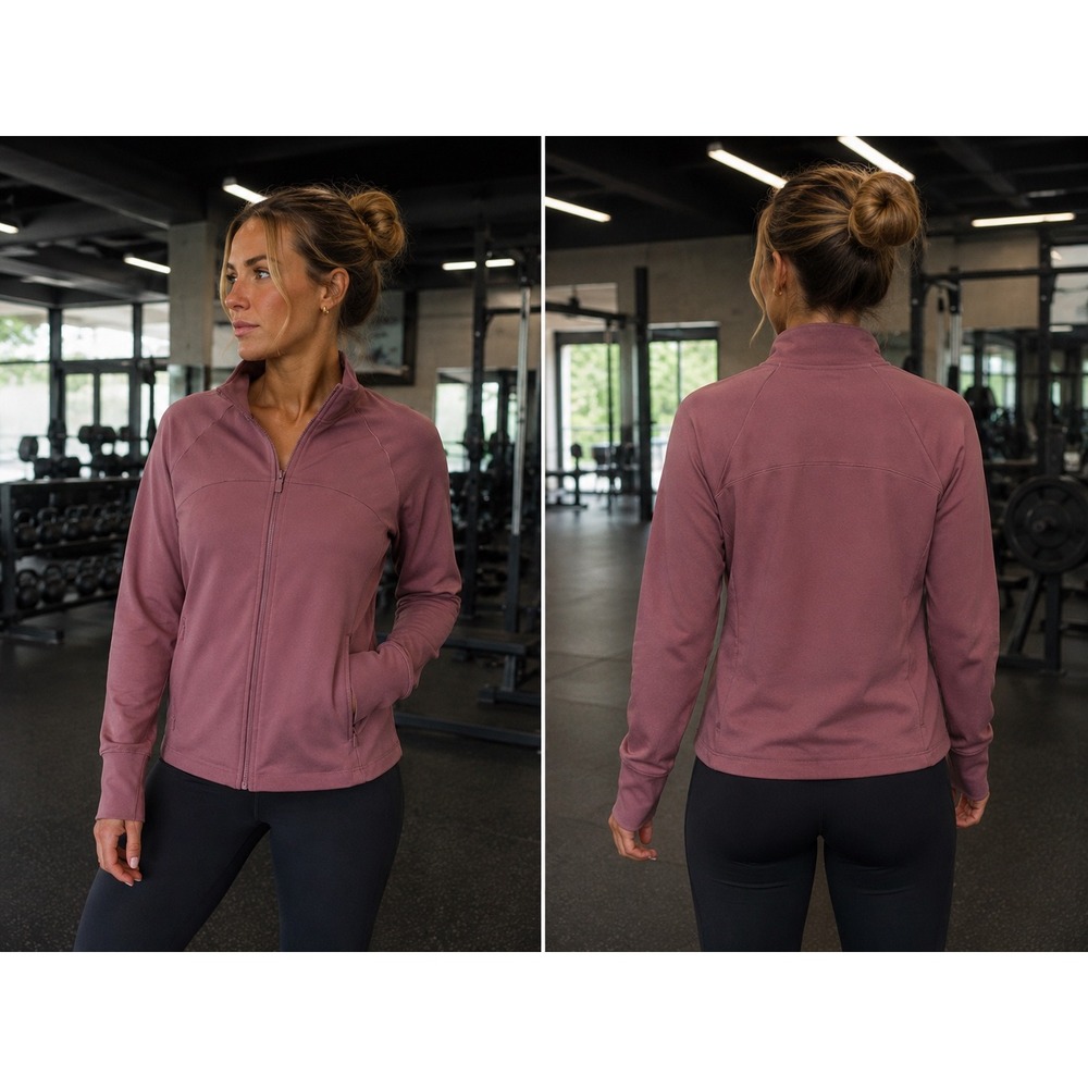 Jockey Womens Mauve Pink Full Zip Active Jacket Mock Neck Thumbholes Size Medium
